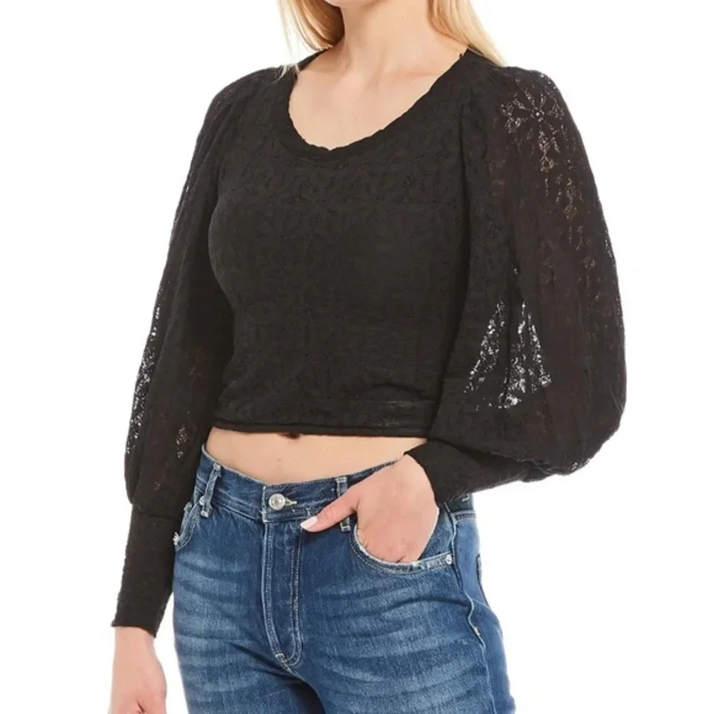 Free People Tea Time Puff Sleeve Black Top XL